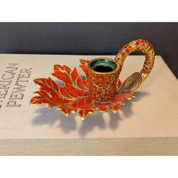 Vintage Leaf-Shape Red & Gold Cloisonne Candle Holder 5.5" Ornate Handcrafted - Picture 6 of 8